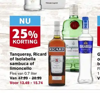 Hoogvliet Tanqueray, Ricard of Isolabella sambuca of limoncello 0.7 liter aanbieding