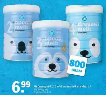 Albert Heijn AH Opvolgmelk 2, 3 of dreumesmelk standaard 4 800g aanbieding