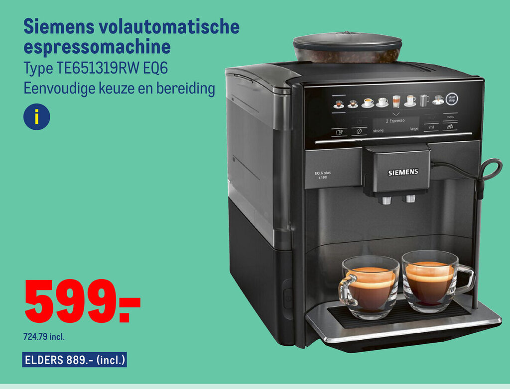 Siemens volautomatische espressomachine TE651319RW EQ6 aanbieding bij Makro