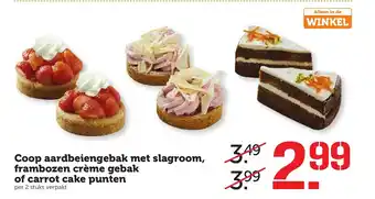 Coop Coop aardbeiengebak met slagroom, frambozen creme gebak of carrot cake punten aanbieding