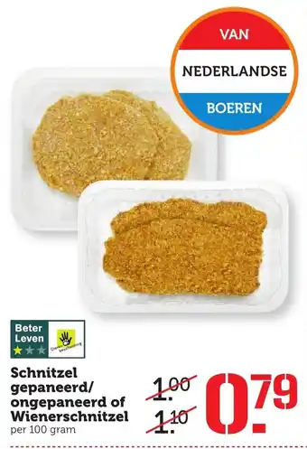 Coop Schnitzel gepaneerd/ongepaneerd of wienerschnitzel 100 gram aanbieding