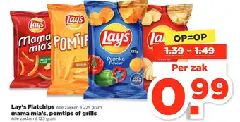 PLUS Lay's flatchips 225 gram mama mia's, pomtips of grills 125 gram aanbieding