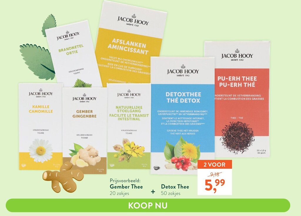 Gember Thee 20 zakjes + Detox Thee 50 zakjes aanbieding bij Holland