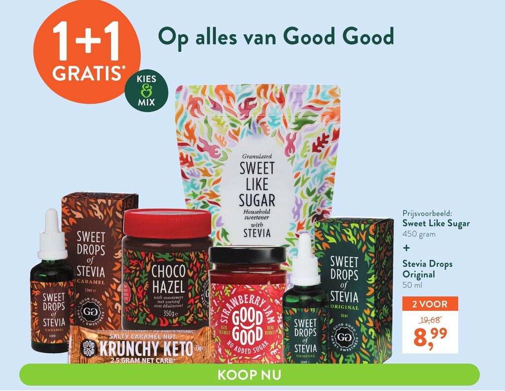 Sweet Like Sugar 450g + Stevia Drops Original 50ml aanbieding bij