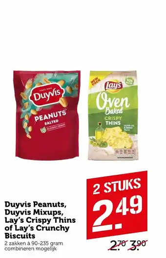 Coop Duyvis peanuts, duyvis mixups, lay's crispy thins of lay's crunchy biscuits 90-235g aanbieding