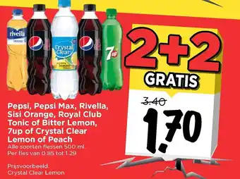 Vomar Voordeelmarkt Pepsi, pepsi max, rivella, sisi orange, royal club tonic of bitter lemon, 7up of crystal clear lemon of peach 500ml aanbieding