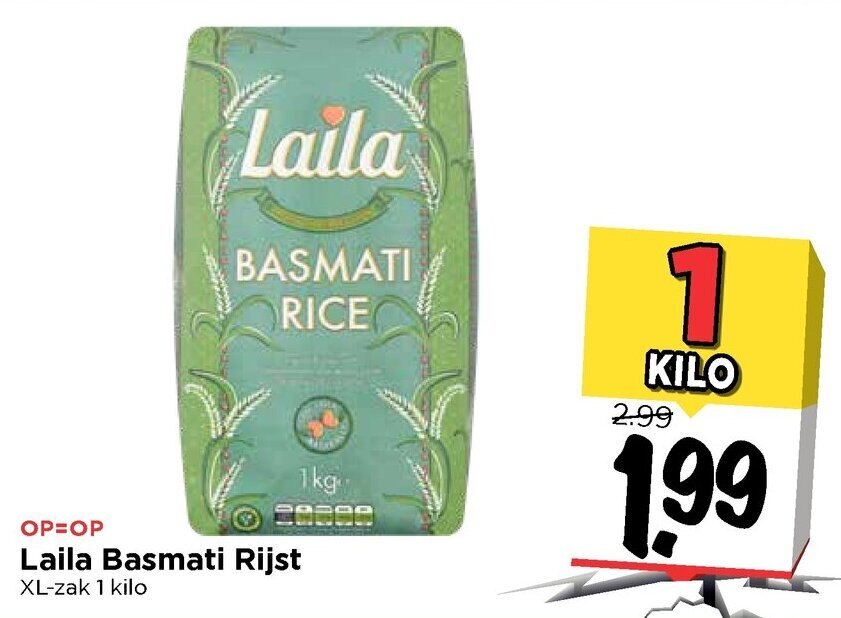 Laila basmati rijst 1 kilo aanbieding bij Vomar Voordeelmarkt