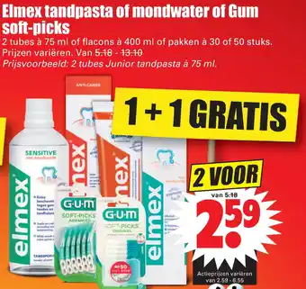 Dirk Elmex tandpasta of mondwater of Gum soft-picks aanbieding