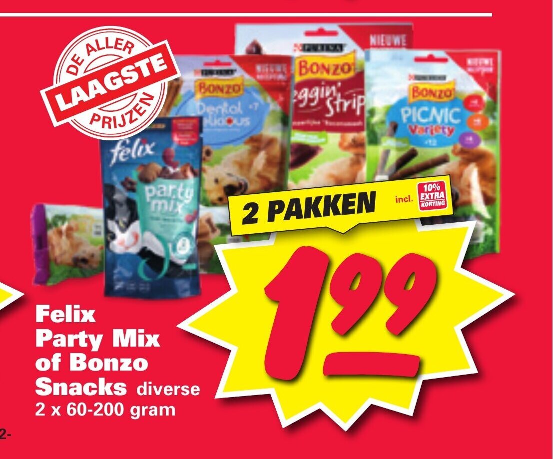 Felix Party Mix of Bonzo Snacks 2 x 60200 gram aanbieding bij Nettorama