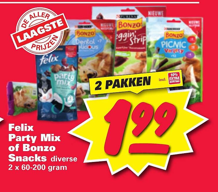 Felix party mix of bonzo snacks aanbieding bij Nettorama