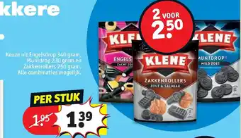 Kruidvat Klene engelsdrop 340g, muntdrop 230g en zakkenrollers 250g aanbieding