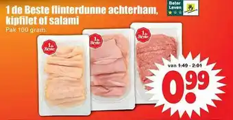 Dirk 1 de beste flinterdunne acterham, kipfilet of salami 100 gram aanbieding