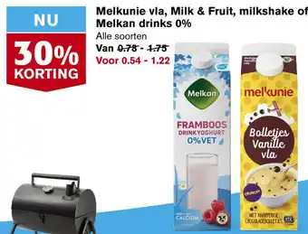 Hoogvliet Melkunie vla, Milk & Fruit, milkshake of Melkan drinks 0% aanbieding