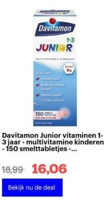 Bol.com Davitamon junior vitaminen 1-3 jaar - multivitamine kinderen - 150 smelttabletjes - aardbeiensmaak aanbieding