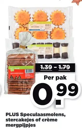 PLUS Speculaasmolens, stercakejes of crème mergpijpjes aanbieding