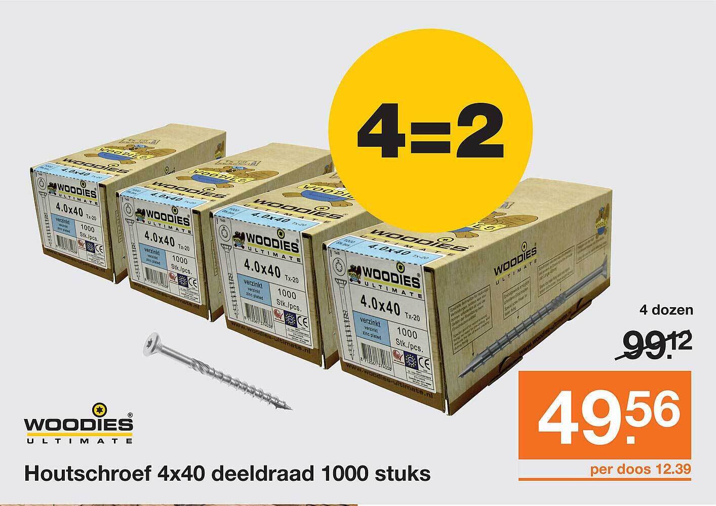 Woodies ultimate houtschroef 4x40 deeldraad 1000 stuks aanbieding bij
