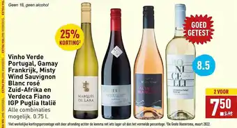 ALDI Vinho verde portugal, gamay frankrijk, misty wind sauvignon blanc rosé zuid-afrika en verdeca fiano igp puglia italië 25% kor aanbieding