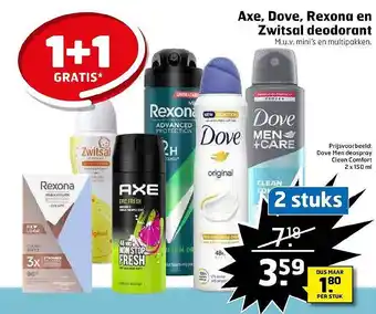 Trekpleister Axe, dove, rexona en zwitsal deodorant 1+1 gratis aanbieding