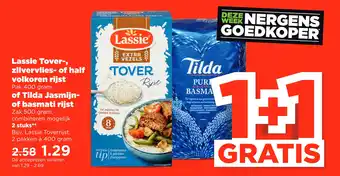 PLUS Lassie tover-, zilvervlies- of half volkoren rijst of tilda jasmijn- of basmati rijst aanbieding