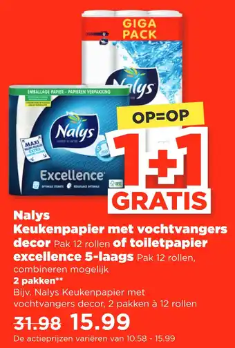 PLUS Nalys keukenpapier met vochtvangers decor of toiletpapier excellence 5-laags pak 12 rollen, aanbieding