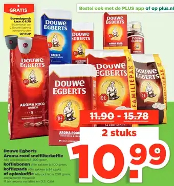 PLUS Douwe egberts, aroma rood snelfilterkoffie, koffiebonen koffiepads of oploskoffie alle zakken à 500 gram, alle zakken à 54 st aanbieding