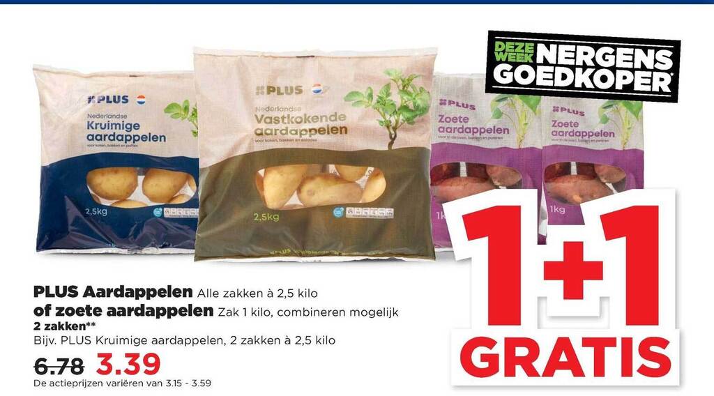 Plus aardappelen of zoete aardappelen 1+1 gratis aanbieding bij PLUS