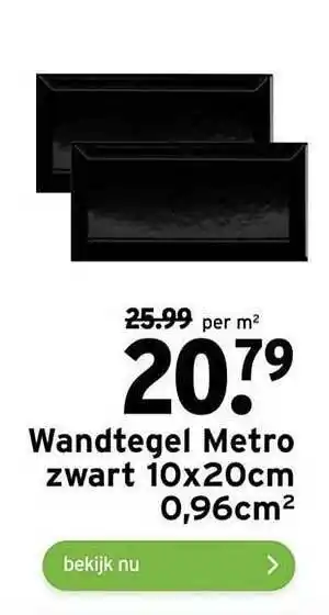 GAMMA Wandtegel metro zwart 10x20cm 0,96cm² aanbieding