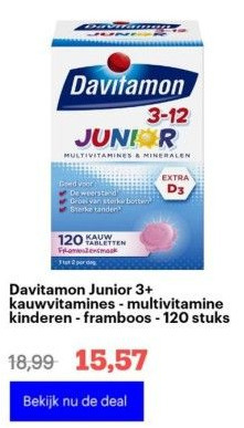 Bol.com Davitamon junior 3+ kauwvitamines - multivitamine kinderen - framboos - 120 stuks aanbieding