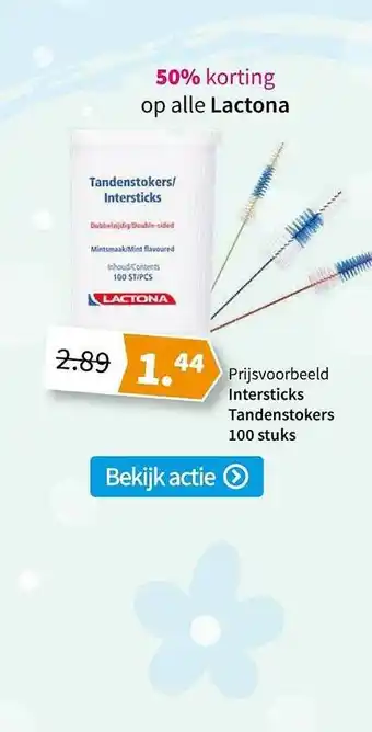 Plein.nl Lactona Intersticks Tandenstokers 100 Stuks 50% Korting aanbieding