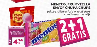 MCD Supermarkt Mentos, Fruit-Tella En-of Chupa Chups 2+1 Gratis aanbieding