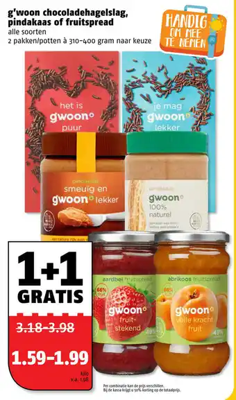 Poiesz G'woon Chocoladehagelslag, pindakaas of fruitspread 2*310-400g aanbieding