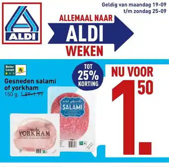 ALDI Gesneden salami of yorkham 150 g aanbieding