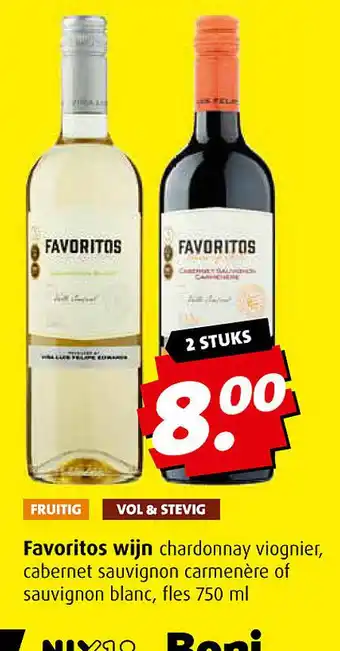 Boni Favoritos wijn chardonnay viognier, cabernet sauvignon carmenère of sauvignon blanc, fles 750 ml aanbieding