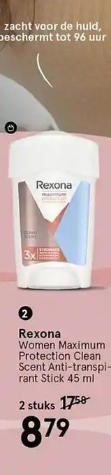 Etos Rexona women maximum protection clean scent anti-transpirant stick 45 ml aanbieding