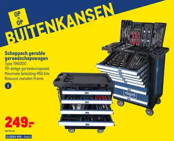 Makro Scheppach gevulde gereedschapswagen type tw1000 70-delige gereedschapsset maximale belasting 450 kilo robuust metalen frame aanbieding