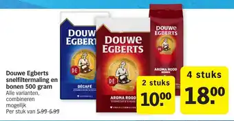 Albert Heijn Douwe Egberts Snelfiltermaling en bonen 2*500g aanbieding