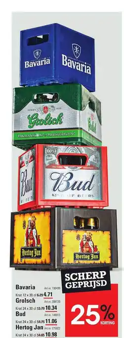 Sligro Bavaria, grolsch, bud of hertog jan 25% korting aanbieding