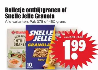 Dirk Bolletje ontbijtgranen of Snelle Jelle Granola pak 375 of 450 gram aanbieding