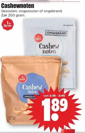 Dirk Cashewnoten gezouten, ongezouten of ongebrand zak 200 gram aanbieding