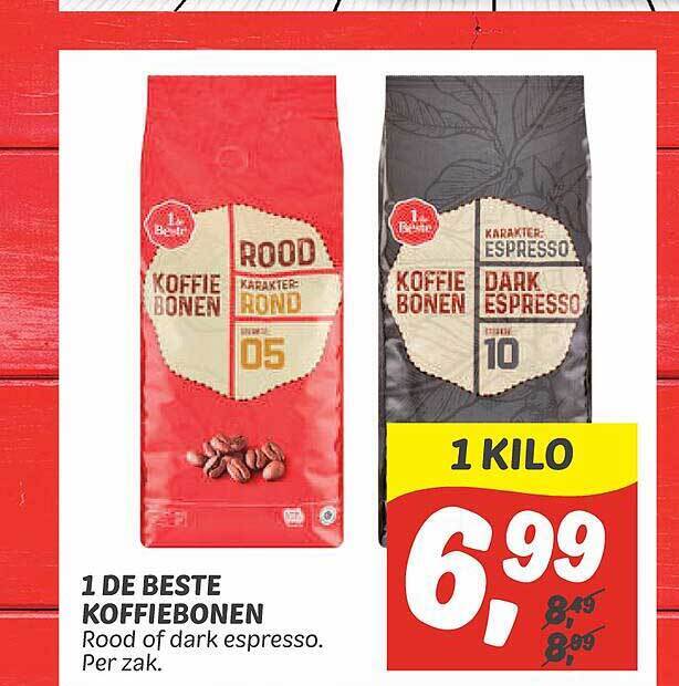 1 de beste koffiebonen rood of dark espresso aanbieding bij Dekamarkt