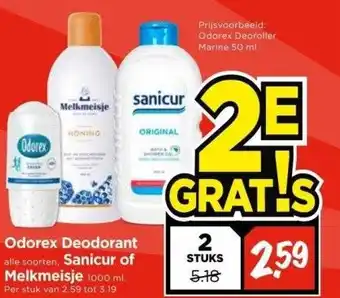 Vomar Voordeelmarkt Odorex deodorant alle soorten, sanicur of melkmeisje 1000 ml. aanbieding