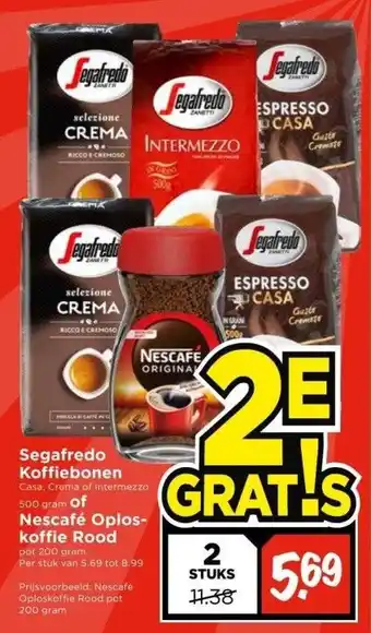 Vomar Voordeelmarkt Segafredo koffiebonen casa, crema of intermezzo 500 gram of nescafé oploskoffie rood pot 200 gram aanbieding