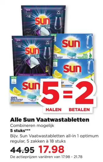 PLUS Sun vaatwastabletten 5 zakken a 18 stuks aanbieding