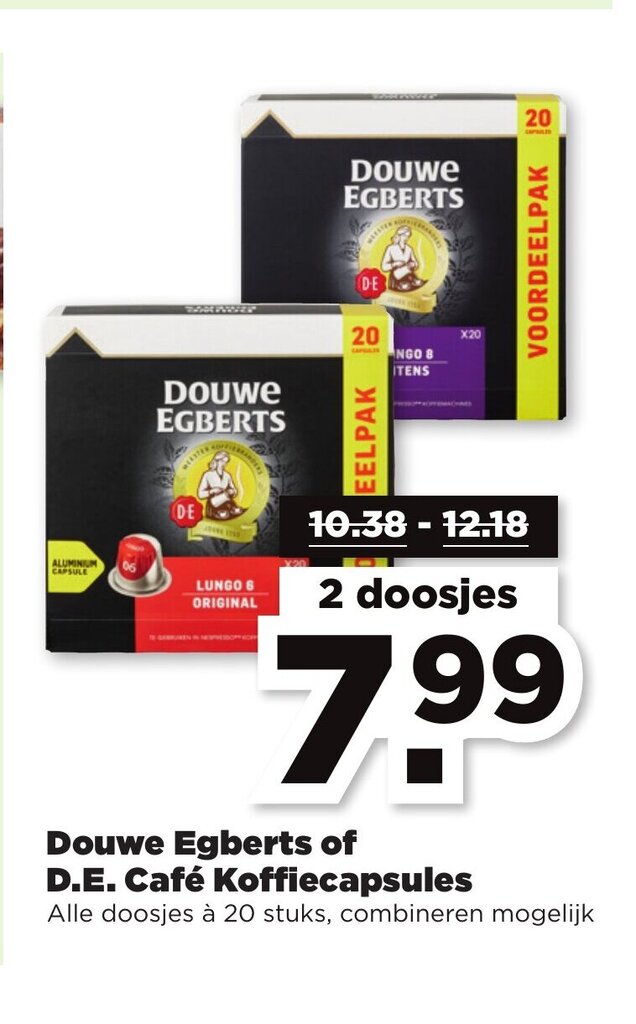 Douwe Egberts of D.E. Cafe Koffiecapsules 20 stuks aanbieding bij PLUS