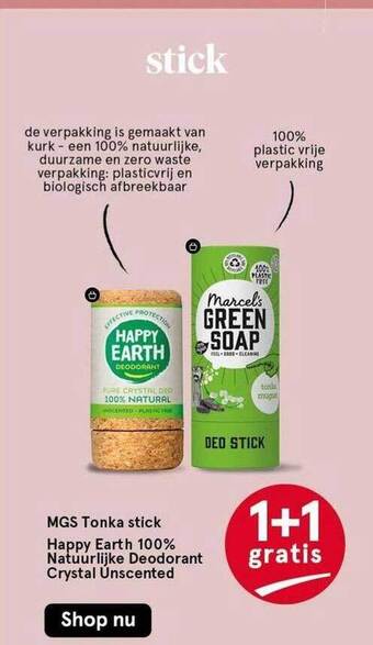 Etos Mgs tonka stick of happy earth 100% natuurlijke deodorant crystal unscented 1+1 gratis aanbieding