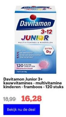Bol.com Davitamon junior 3+ kauwvitamines - multivitamine kinderen - framboos - 120 stuks aanbieding