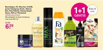 DA Barnängen, FA, Gliss Kur, Got2B, Junior Hairspray, N.A.E., Nature Box, Poly Palette, Schwarzkopf, Syoss, Taft En Theramed 1+1 aanbieding