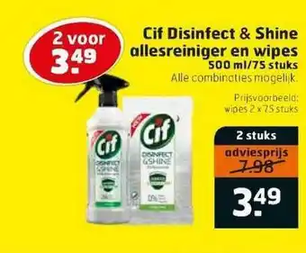 Trekpleister Cif Disinfect & Shine Allesreiniger En Wipes 500 Ml-75 Stuks aanbieding