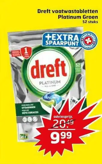 Trekpleister Dreft Vaatwastabletten Platinum Groen 52 Stuks aanbieding