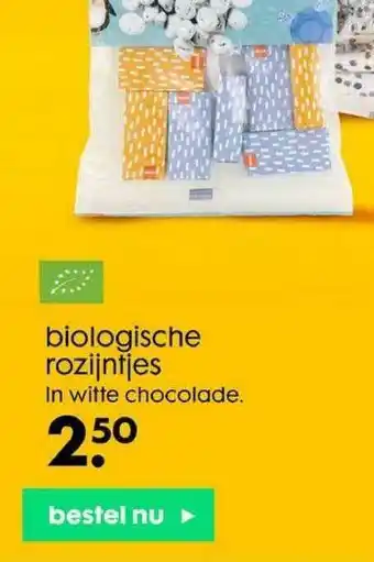 HEMA Biologische rozijntjes in witte chocolade aanbieding